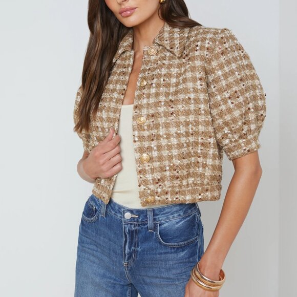 NEW L'AGENCE Cove Cropped Tweed Jacket Sz2 Dark Cappuccino/Gold Multi Tweed - Picture 3 of 13